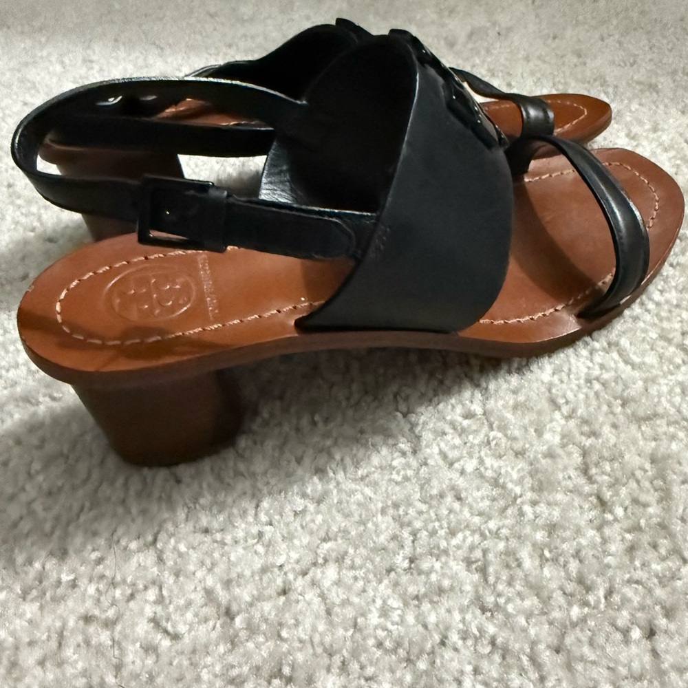 Tory Burch Black Lowell Napa Leather Block Heels Black Sz 7 Sandals. Excellent - Picture 3 of 14